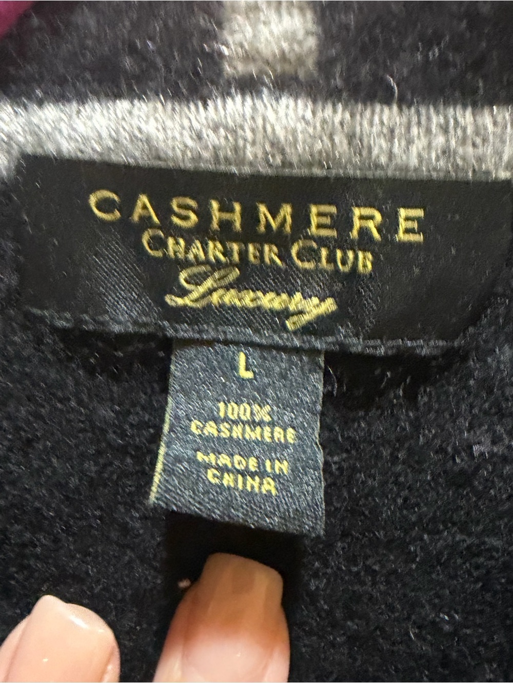 Charter Club 100% Cashmere Hooded Sweater L Black Gray Trim Luxe Pullover Soft - Picture 4 of 5